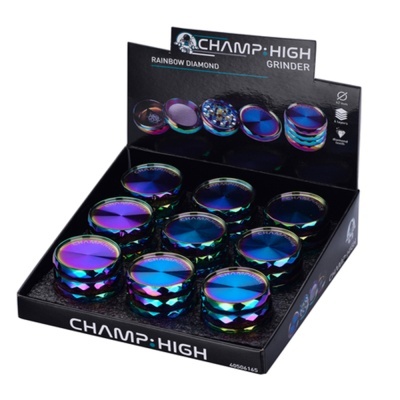 Trituradores CHAMP HIGH Rainbow Diamond com superfície metálica colorida e embalagem preta.