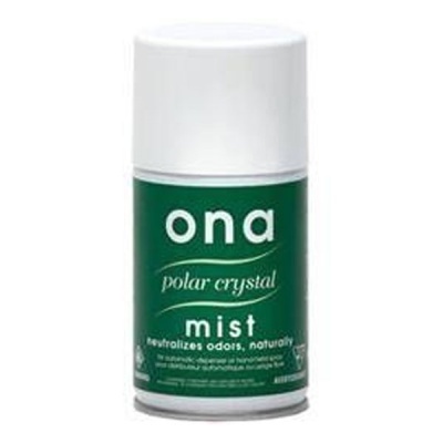 Frasco da fragrância Ona polar crystal mist com rótulo verde e tampa branca.
