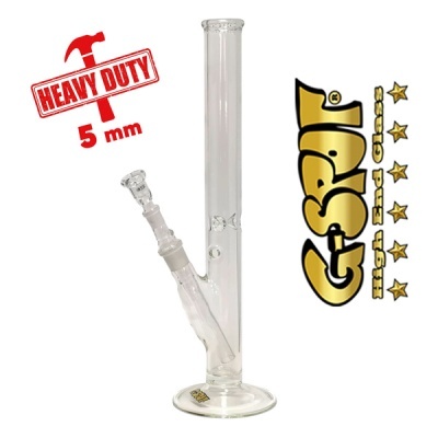 Base de vidro reforçada para fumar com logótipos e texto em fundo branco