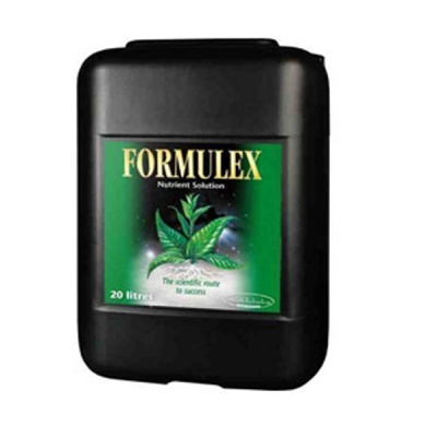 Recipiente preto de 20 litros com etiqueta verde FORMULEX Nutrient Solution e imagem de planta