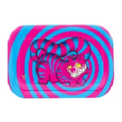 Tabuleiro com padrão de espiral rosa e azul com ilustração do Gato Risonho