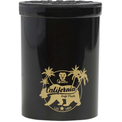 Frasco preto com rótulo dourado e tampa