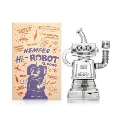 Bong em formato de robô cromado com caixa de papel decorada