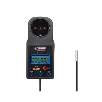 Termóstato digital preto com ecrã LCD e sonda térmica