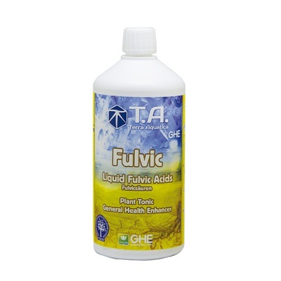 Frasco branco de plástico com rótulo colorido do produto Fulvic da Terra Aquatica