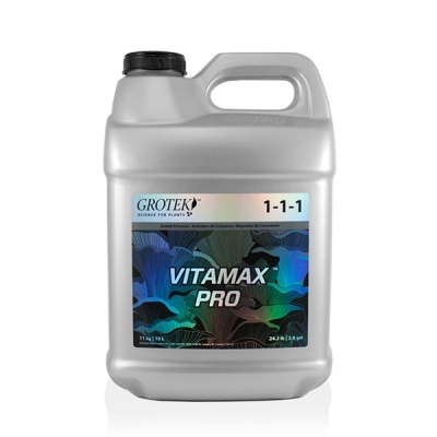 Recipiente cinzento de plástico com tampa preta e rótulo holográfico VITAMAX PRO.