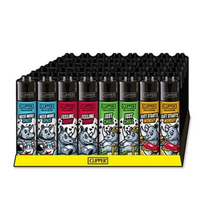 Iscqueiros Clipper com desenhos de rinocerontes e frases em inglês em expositor amarelo