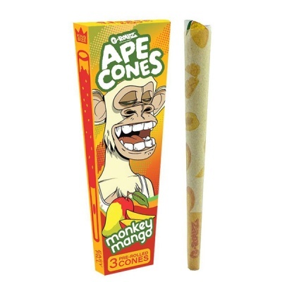 Produto Ape Cones com embalagem colorida e um cone pré-enrolado com padrão de bananas