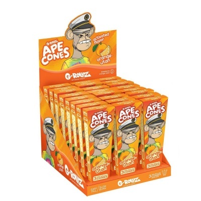 Expositor de cones de papel G-Rollz Ape Cones sabor orange-utan com imagem de macaco e cores laranja