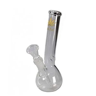 Bong de vidro transparente com decoração dourada e base arredondada