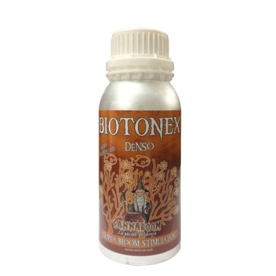 Frasco metálico com rótulo laranja BIOTONEX DENSO com ilustração e texto.