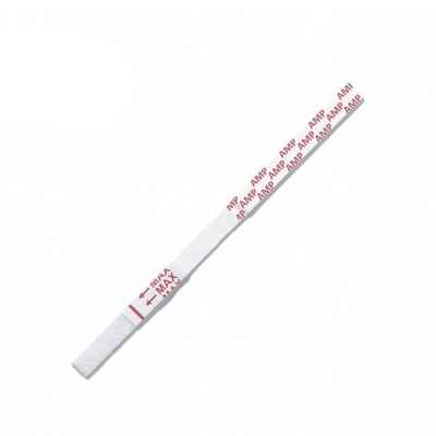 Tira de teste branco e vermelho com texto MAX e AMP em fundo branco