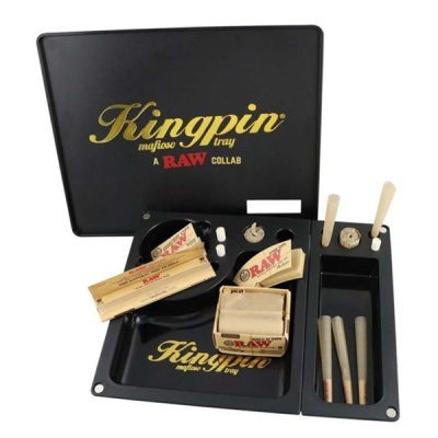 Tabuleiro preto Kingpin mafioso tray com artigos RAW para enrolar tabaco
