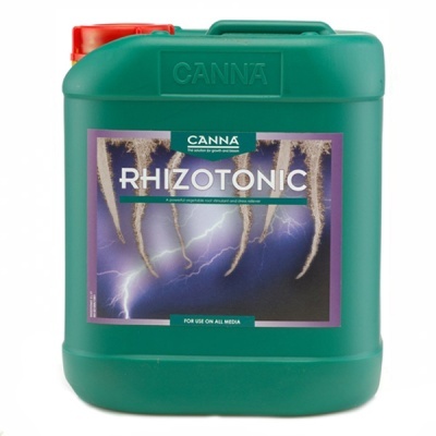 Recipiente verde de fertilizante CANNA RHIZOTONIC com tampa vermelha e imagem de raízes
