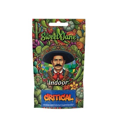 Embalagem colorida com ilustração de homem mexicano e textos Sweet Jane, Indoor, CRITICAL