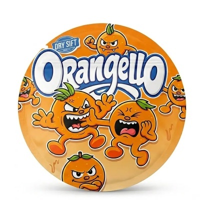 Embalagem redonda do jogo Orangello com laranjas animadas e texto DRY SIFT