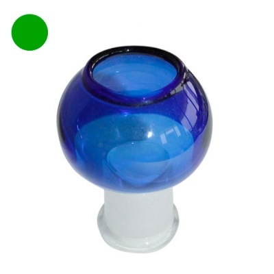 Pezinho de vidro azul com base branca sobre fundo branco