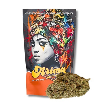 Embalagem colorida de cannabis Arima com ilustração de mulher e flor de cannabis