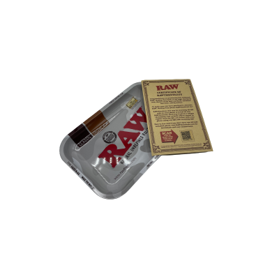 Tabuleiro metálico RAW com folha informativa amarela