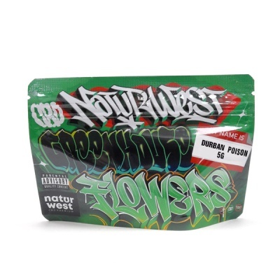 Embalagem de produto verde com texto grafitado e etiqueta Durban Poison 5g