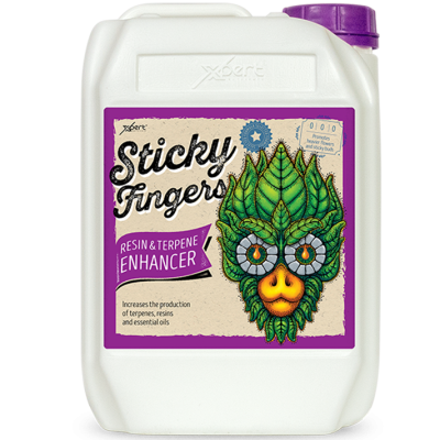 Contentor branco com rótulo Sticky Fingers e ilustração de folha verde face