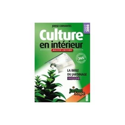 Capa de livro verde e branca sobre cultivo interior com planta e luz artificial