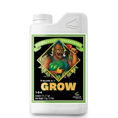 Frasco branco com etiqueta preta e verde com imagem de gorila e texto GROW
