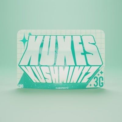 Embalagem verde e branca com texto KUNES KUSHMINT e informações CBD 3G