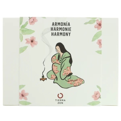 Embalagem de incenso ARMONÍA HARMONIE HARMONY com ilustração de mulher de kimono verde ajoelhada e flores rosa