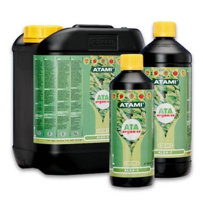 Recipientes pretos com tampas amarelas e rótulos verdes de produto Atami ATA organics ALGA-C