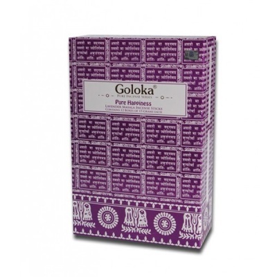Embalagem roxa de incenso Goloka Pure Happiness com texto em inglês e caracteres indianos