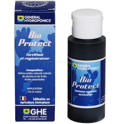 Frasco e embalagem de Bio Protect da General Hydroponics, com rótulo azul e texto em francês e inglês.