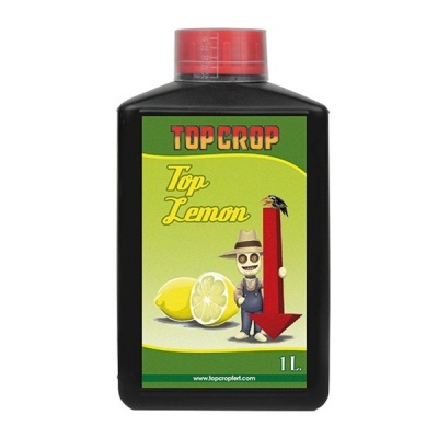 Frasco preto de 1 litro com rótulo verde e vermelha de Top Lemon