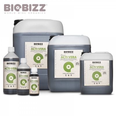 Frascos e bidões do produto ACTI-VERA da BIOBIZZ em diferentes tamanhos