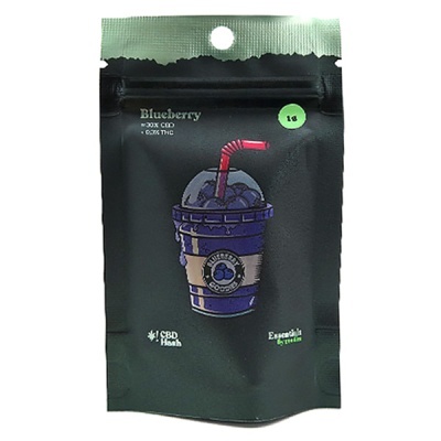 Embalagem de produto CBD com design de copo azul e canudo vermelho