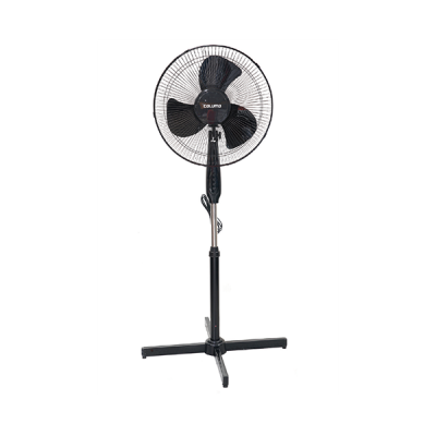 Ventoinha de pé preta com grelha metálica e base em cruz