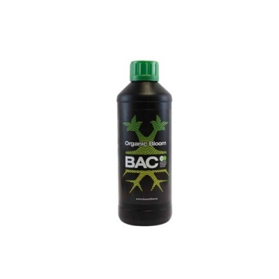 Frasco preto com tampa verde e etiqueta BAC Organic Bloom