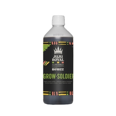 Frasco de fertilizante líquido orgânico Juju Royal Grow Soldier com rótulo preto e detalhes coloridos
