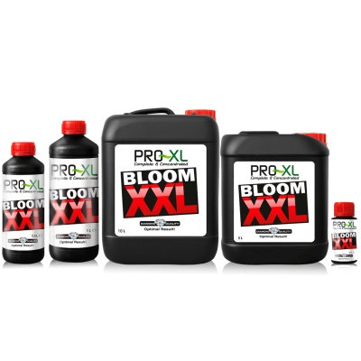 Embalagens pretas com tampas vermelhas do produto PRO-XL BLOOM XXL de vários tamanhos
