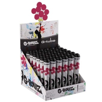 Expositor G-ROLLZ G-tube com tubos brancos e tampa preta e design de balões vermelhos.