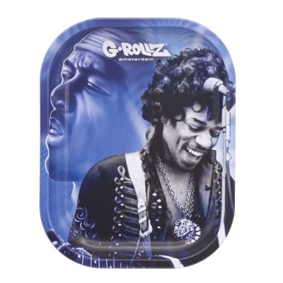 Tabuleiro metálico com imagens de Jimi Hendrix em azul e preto