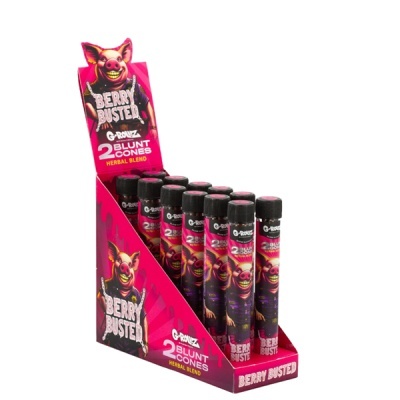 Caixa rosa com tubos pretos rotulados BERRY BUSTED 2 BLUNT CONES