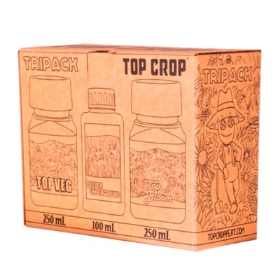 Embalagem castanha de cartão com desenho de três frascos de produtos TOP VEG, DEEPER UNDERGROUND e TOP BLOOM