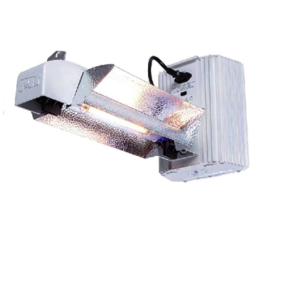 Lâmpada tubular com refletor metálico prateado e unidade branca de controlo