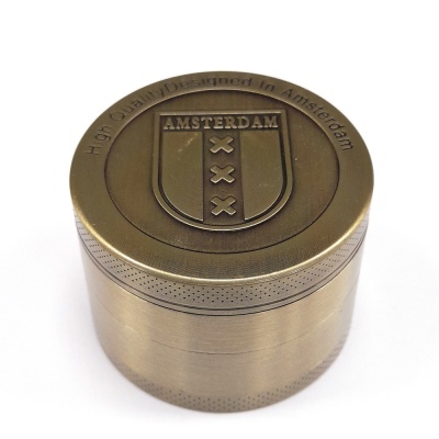Moinho de metal bronze com brasão de Amsterdã e texto gravado no tampo