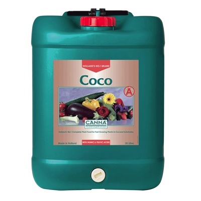 Recipiente verde de 20 litros com rótulo de fertilizante para plantas Coco CANNA