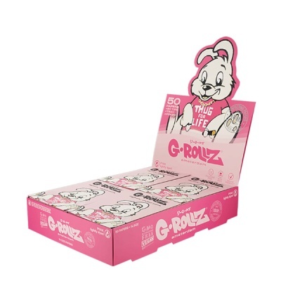 Expositor cor-de-rosa com papel para enrolar G-Rollz Amsterdam e ilustração de coelho branco