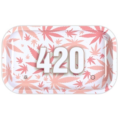 Tabuleiro com padrão de folhas de cânhamo cor de rosa e número 420 branco