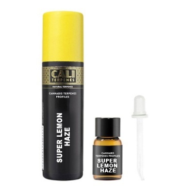 Conjunto de produtos Cali Terpenes Super Lemon Haze com frasco, recipiente e conta-gotas
