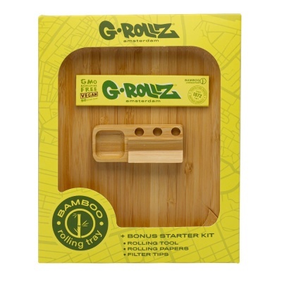 Tabuleiro de enrolar em bambu com kit de iniciação G-ROLLZ em embalagem amarela